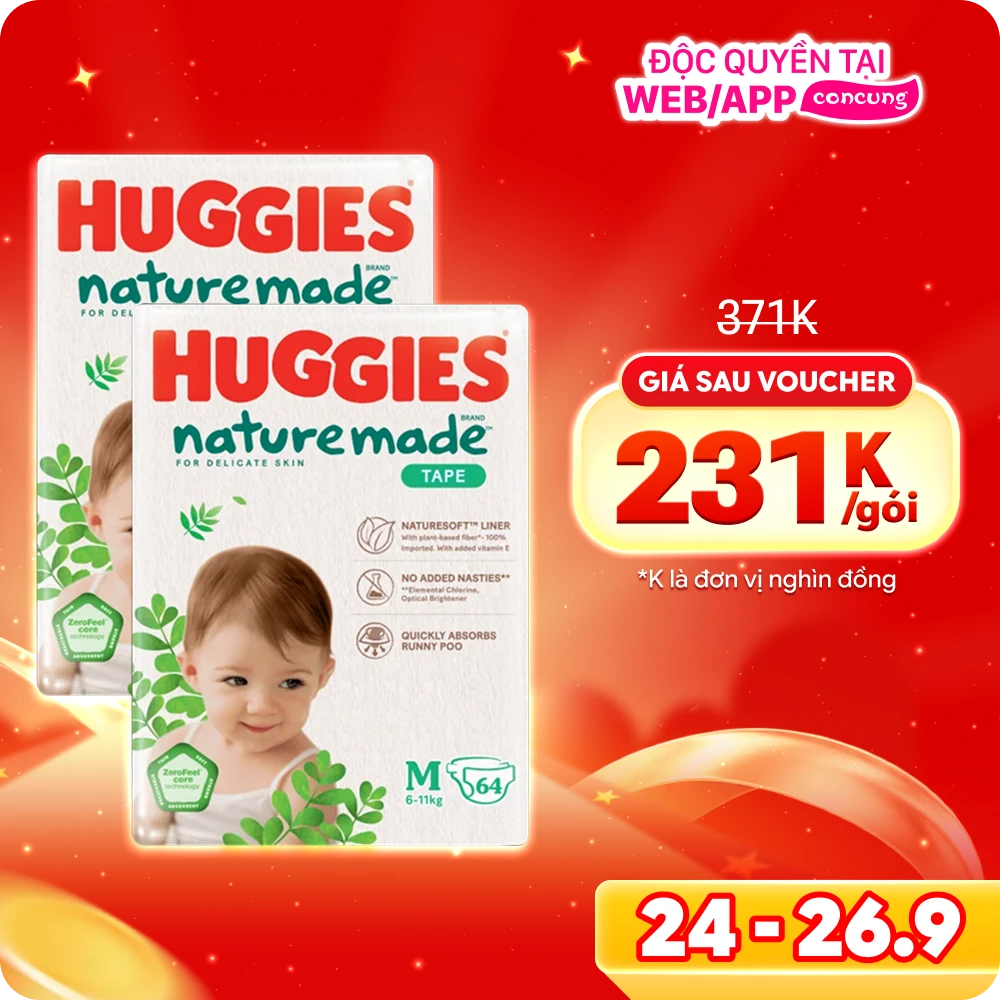 Combo 2 bỉm tã dán Huggies Platinum Nature Made size M 64 miếng (6-11kg) - Giao bao bì ngẫu nhiên