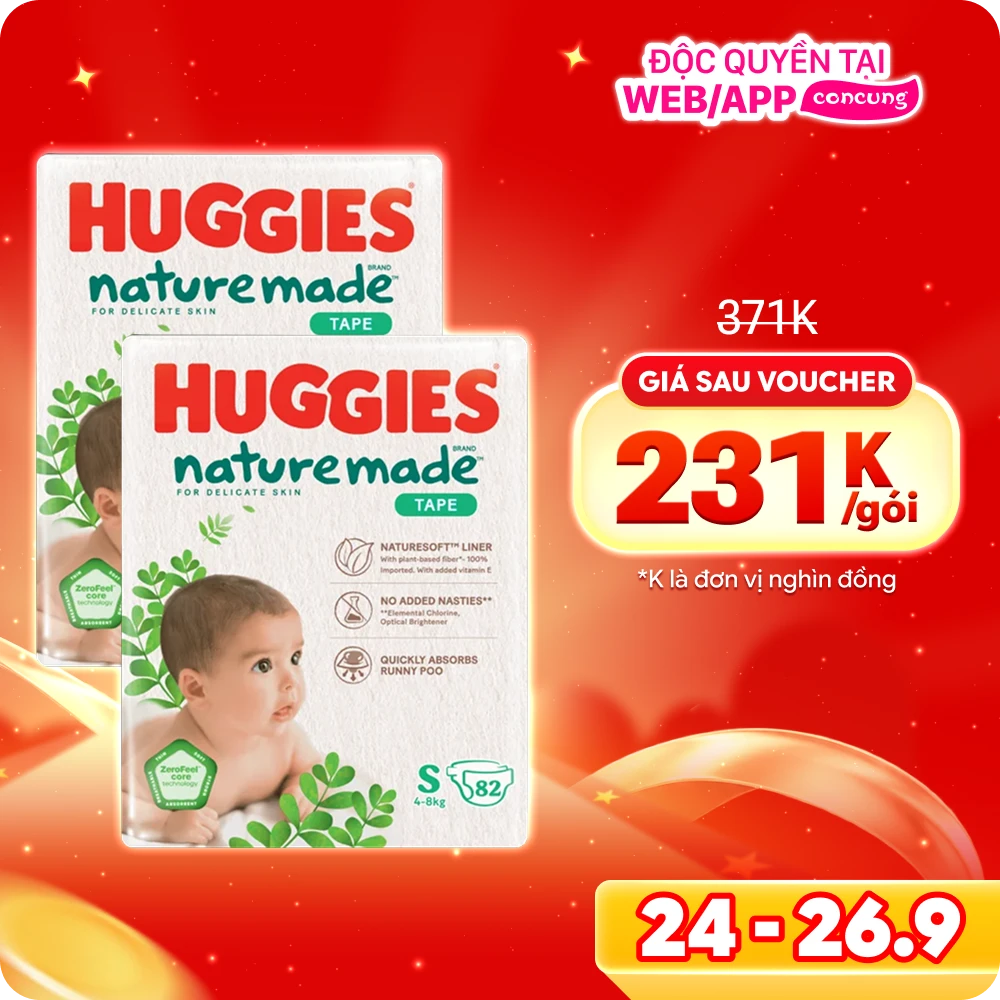 Combo 2 bỉm tã dán Huggies Platinum Nature Made size S 82 miếng (4-8kg) (giao bao bì ngẫu nhiên)