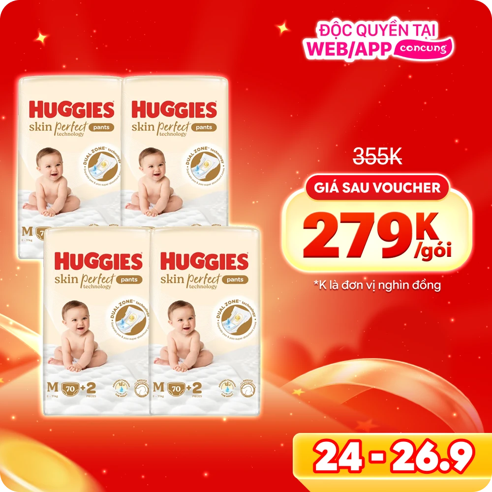 Combo 4 Tã quần Huggies SkinPerfect Pants (M, 6-11kg, 70+2 miếng) (giao bao bì ngẫu nhiên)
