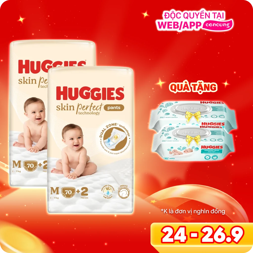 Bìm tã quần Huggies SkinPerfect Pants (M, 6-11kg, 70+2 miếng) (bao bì giao ngẫu nhiên)