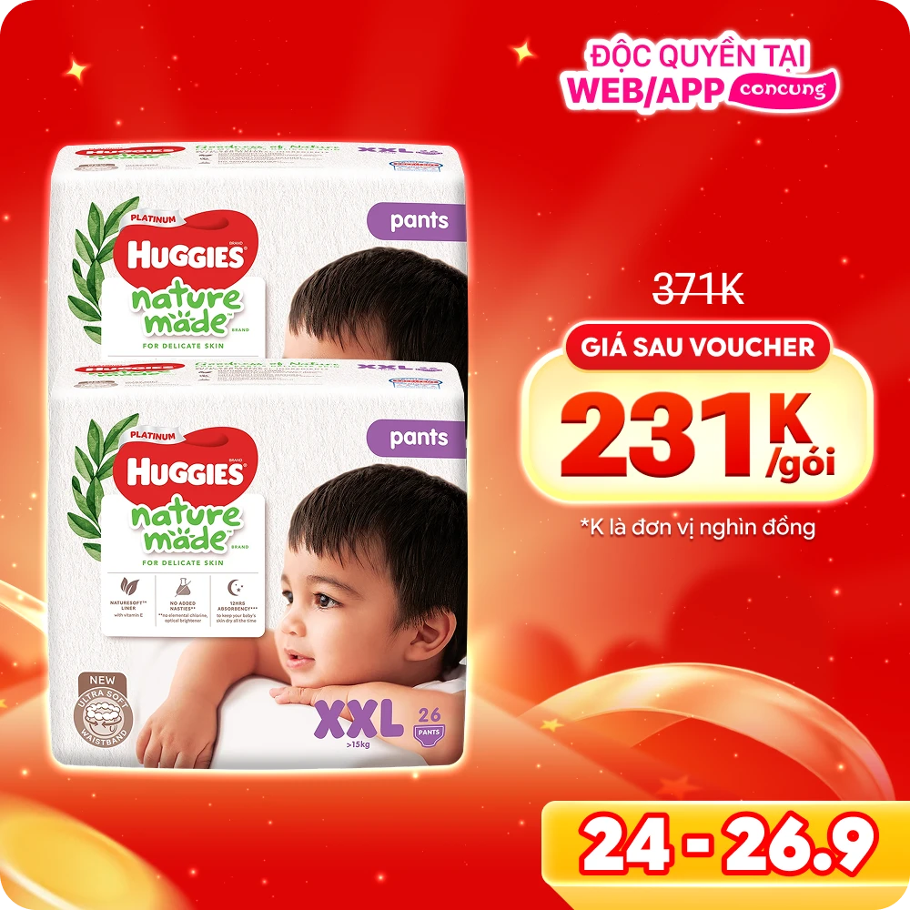 Combo 2 gói Bỉm tã quần Huggies Platinum Nature Made size XXL 26 miếng (trên 15kg)