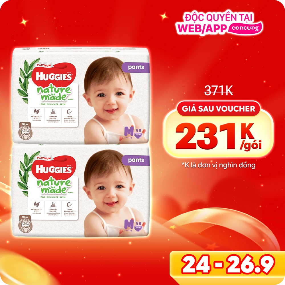 Combo 2 gói Bỉm tã quần Huggies Platinum Nature Made M size 58 miếng (6-11kg)