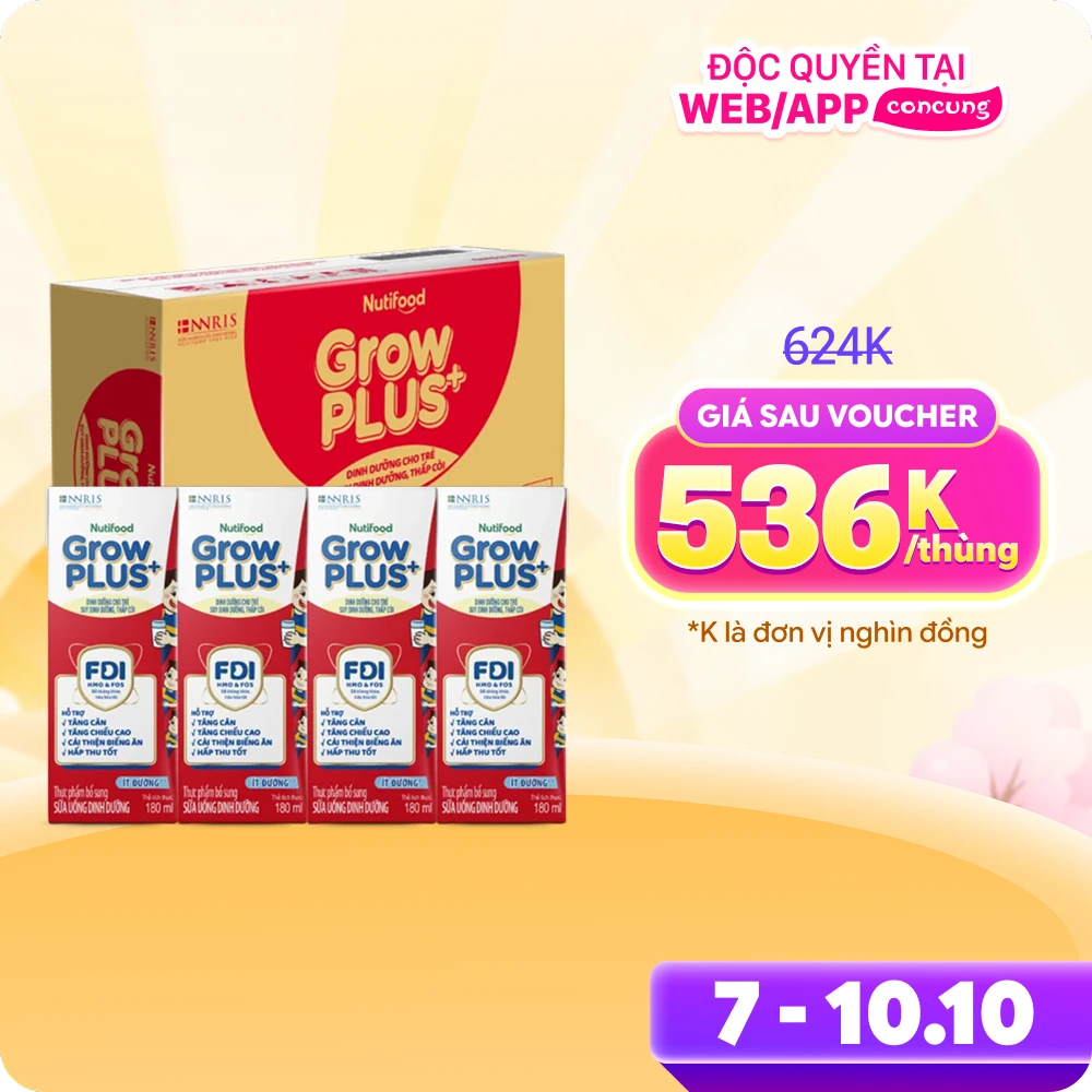 Combo 2 thùng Sữa GrowPLUS+ ít đường 180ml (lốc 4 hộp)