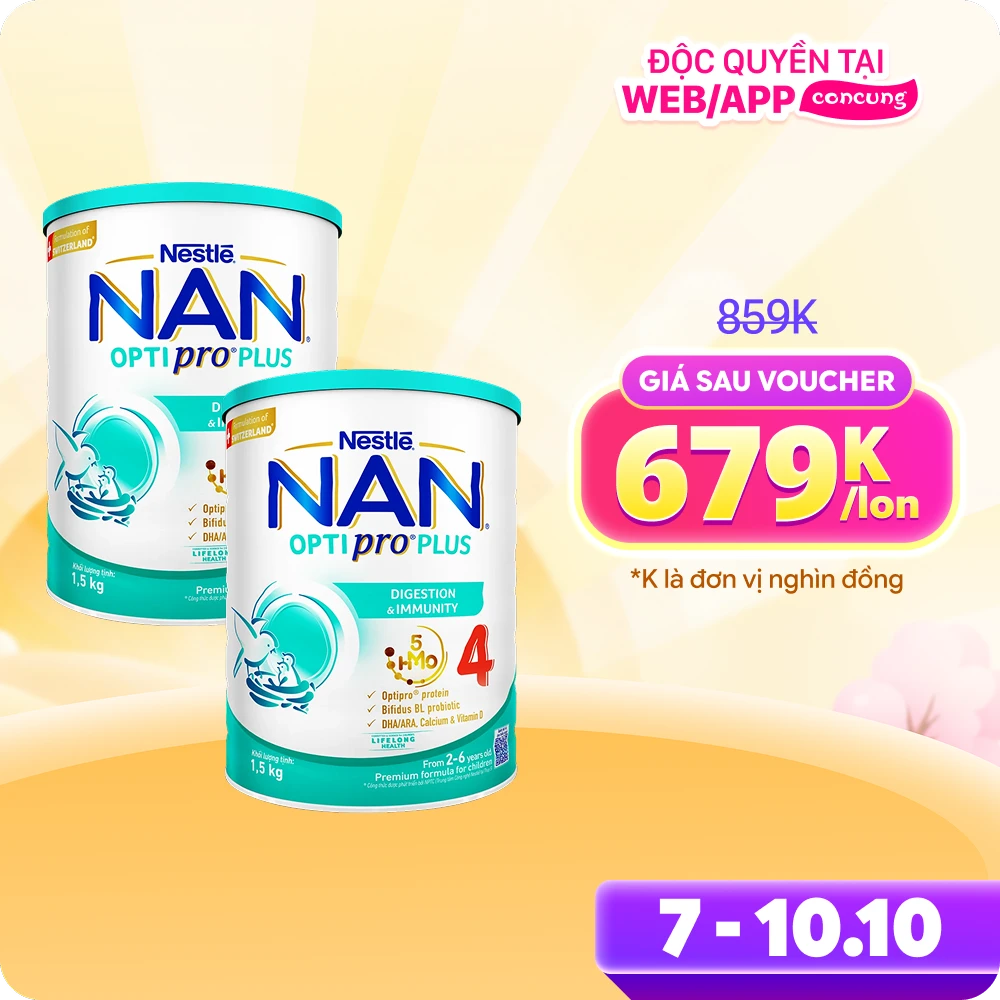Combo 2 Sữa Nan Optipro PLUS 4 1.5kg, với 5HMO, Công thức từ Thụy Sĩ (2-6 tuổi)
