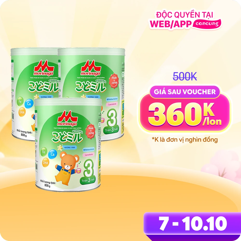 Combo 3 lon Morinaga số 3 Hương vani (Kodomil), trên 3 tuổi, 800g