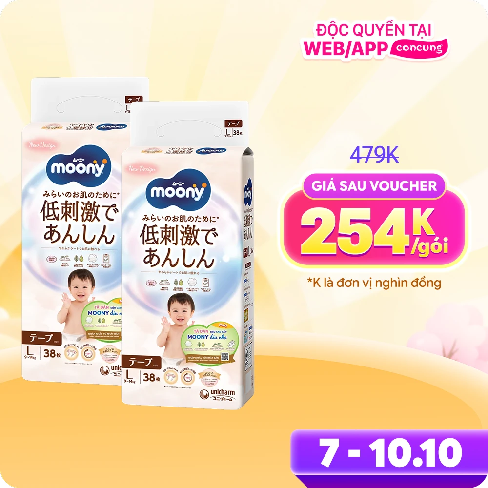 Combo 2 gói Bỉm tã dán Moony Natural size L 38 miếng (9-14kg)