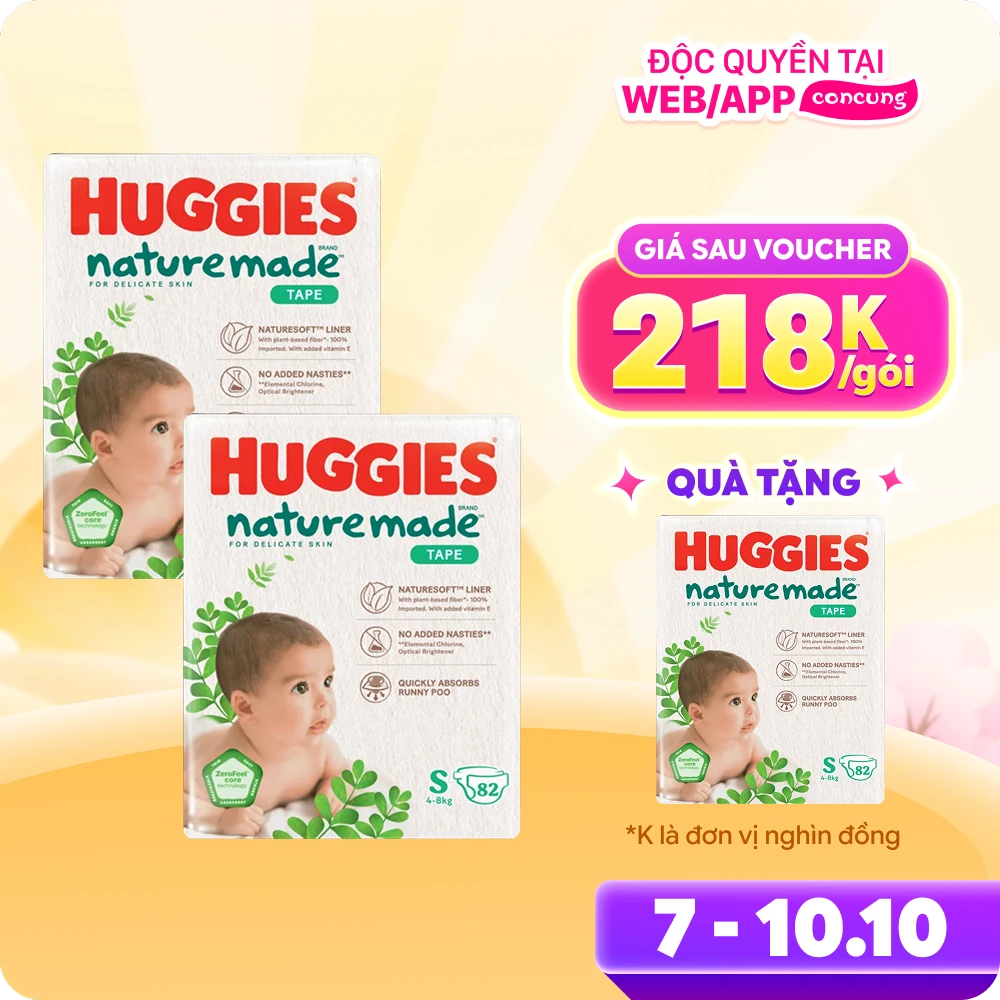 Combo 2 bỉm tã dán Huggies Platinum Nature Made size S 82 miếng (4-8kg) (giao bao bì ngẫu nhiên)