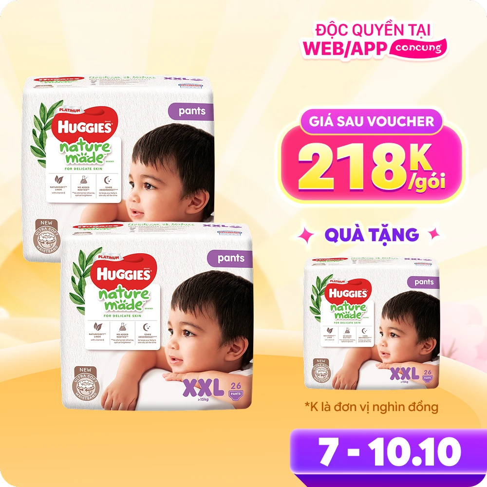 Combo 2 gói Bỉm tã quần Huggies Platinum Nature Made size XXL 26 miếng (trên 15kg)
