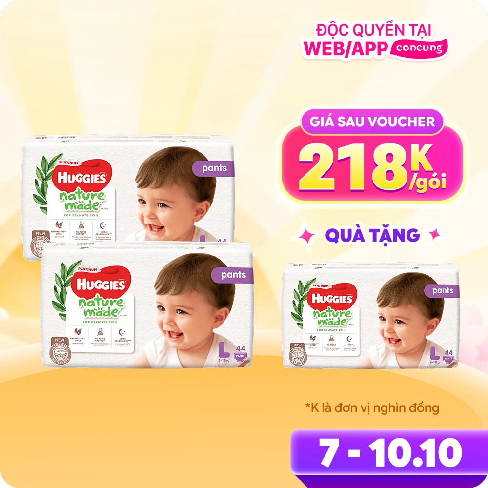 Combo 2 gói Bỉm tã quần Huggies Platinum Nature Made L size 44 miếng (9-14kg)