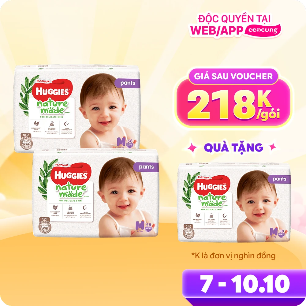 Combo 2 gói Bỉm tã quần Huggies Platinum Nature Made M size 58 miếng (6-11kg)
