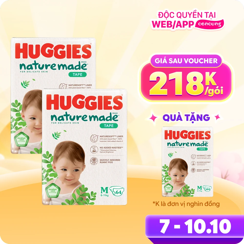 Combo 2 bỉm tã dán Huggies Platinum Nature Made size M 64 miếng (6-11kg) - Giao bao bì ngẫu nhiên