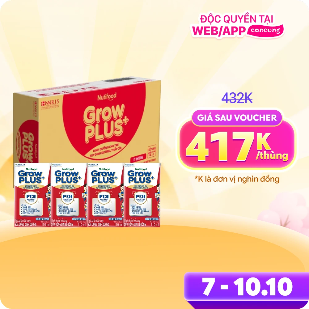 Thùng SPDDPS GrowPLUS 110ml Ít đường (lốc 4 hộp) - 12 lốc