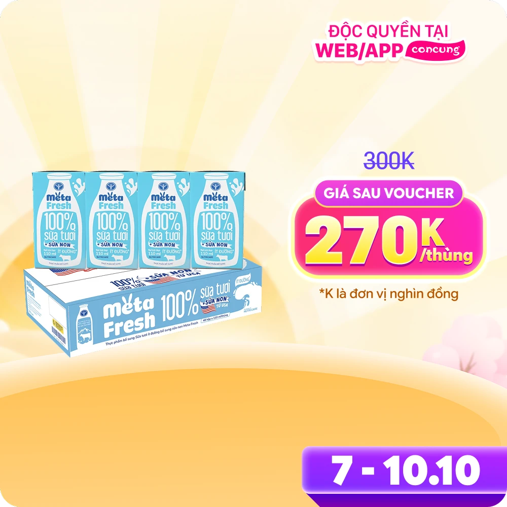 Thùng sữa tươi ít đường bổ sung sữa non Metafresh 110ml, lốc 4 hộp