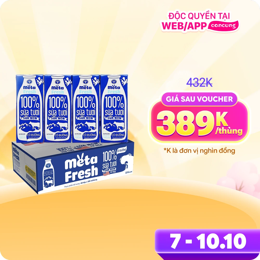 Thùng sữa tươi có đường bổ sung sữa non Metafresh 180ml, lốc 4 hộp