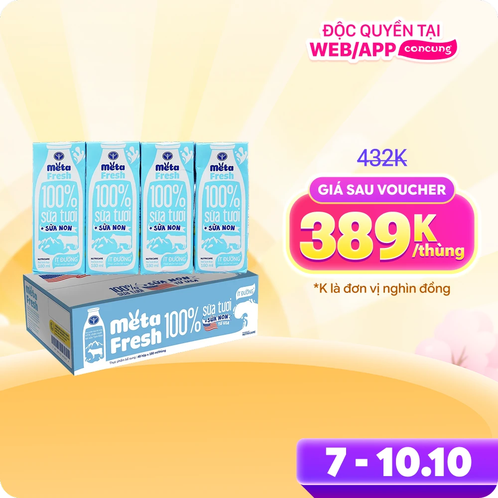 Thùng sữa tươi ít đường bổ sung sữa non Metafresh 180ml, lốc 4 hộp