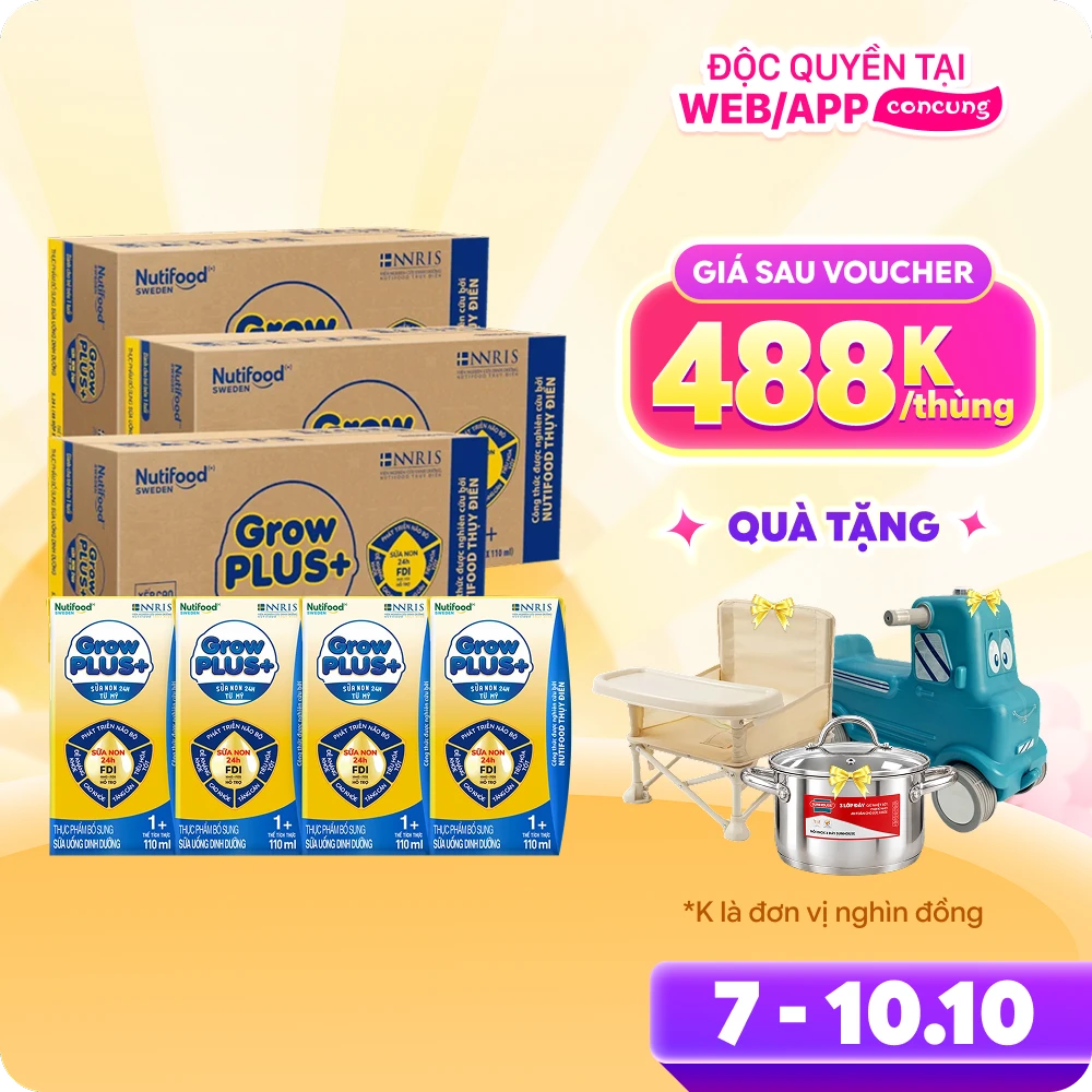Combo 3 Thùng Sữa GrowPLUS+ Sữa non Vàng 1+ 110ml (lốc 4 hộp)