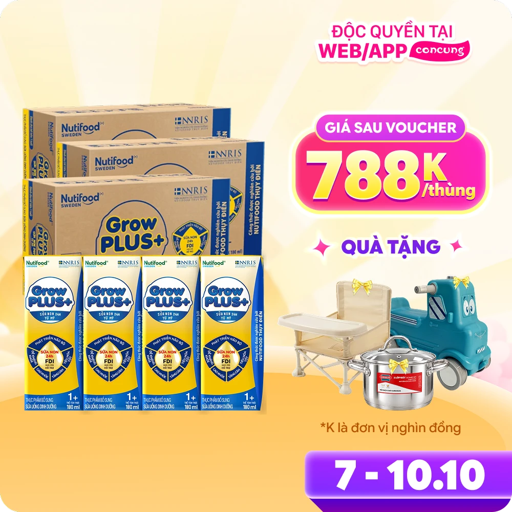 Combo 3 Thùng Sữa GrowPLUS+ Sữa non Vàng 1+ 180ml (lốc 4 hộp)