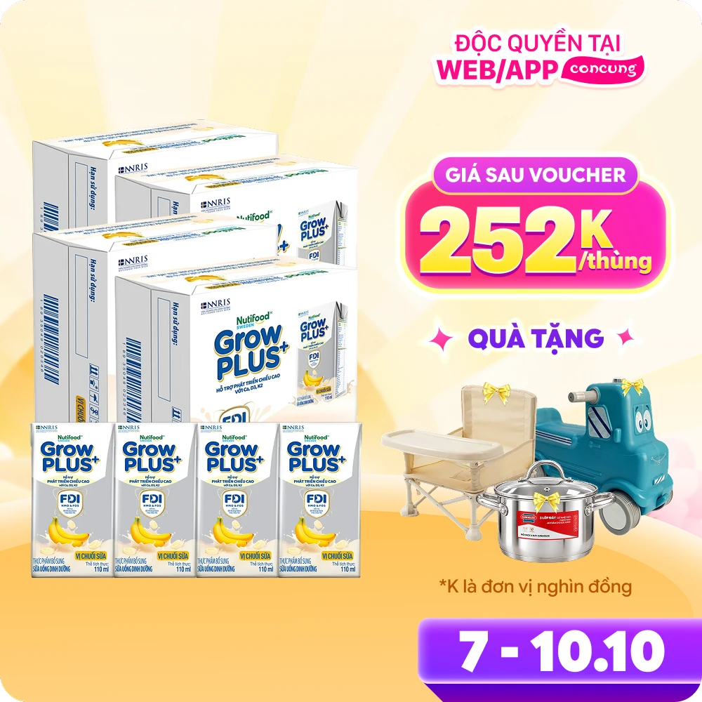 4 thùng sữa bột pha sẵn GrowPLUS+ vị chuối 110ml (lốc 4 hộp) (Trên 1 tuổi)