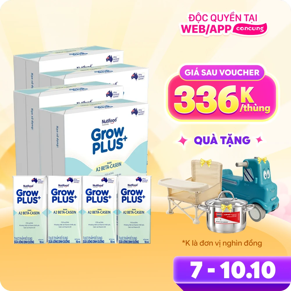 4 thùng Sữa Bột Pha Sẵn Nutifood GrowPLUS A2 Beta-Casein 110ml (Lốc 4)