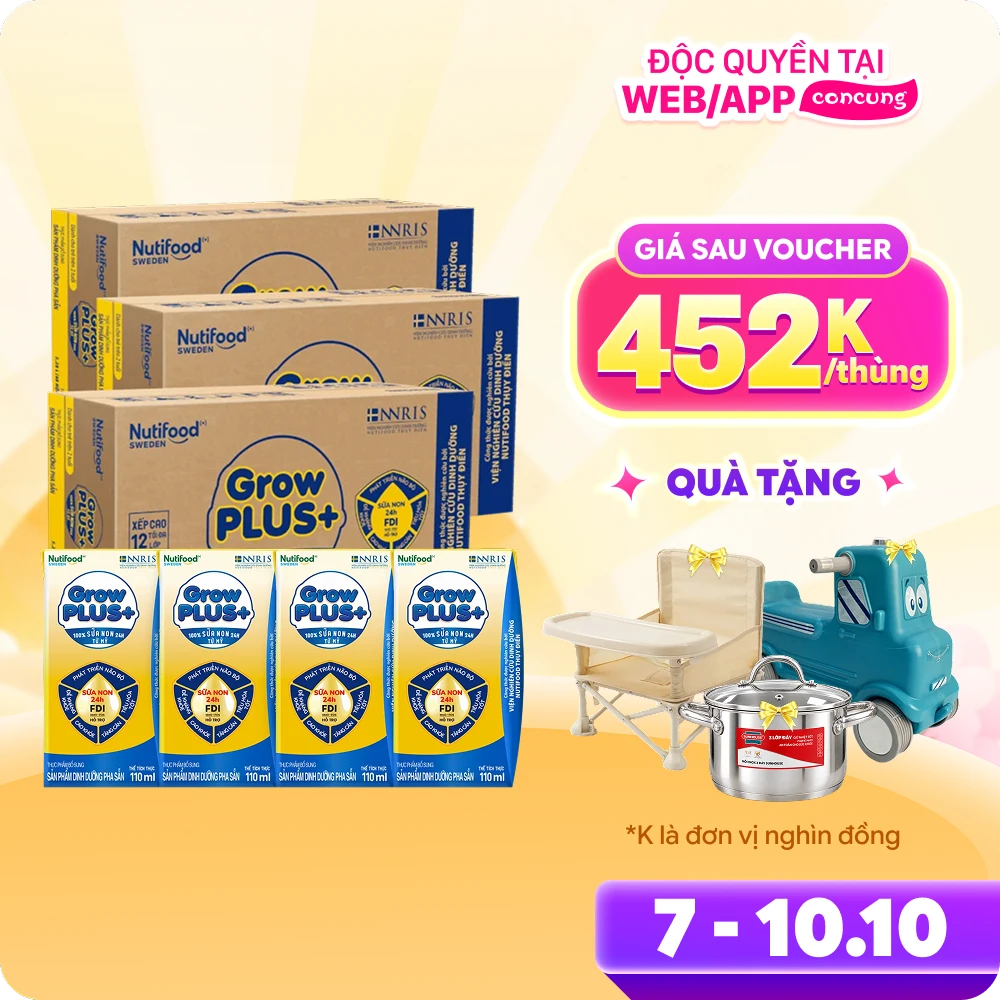 Combo 3 Thùng Sữa GrowPLUS+ Sữa non Vàng hộp 110ml (lốc 4 hộp)