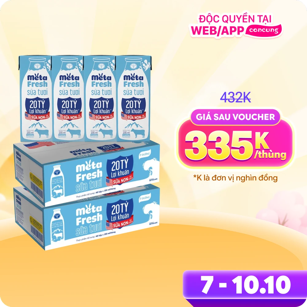 2 Thùng Sữa Tươi Tiệt Trùng MetaFresh Lợi Khuẩn 180ml (lốc 4 hộp)
