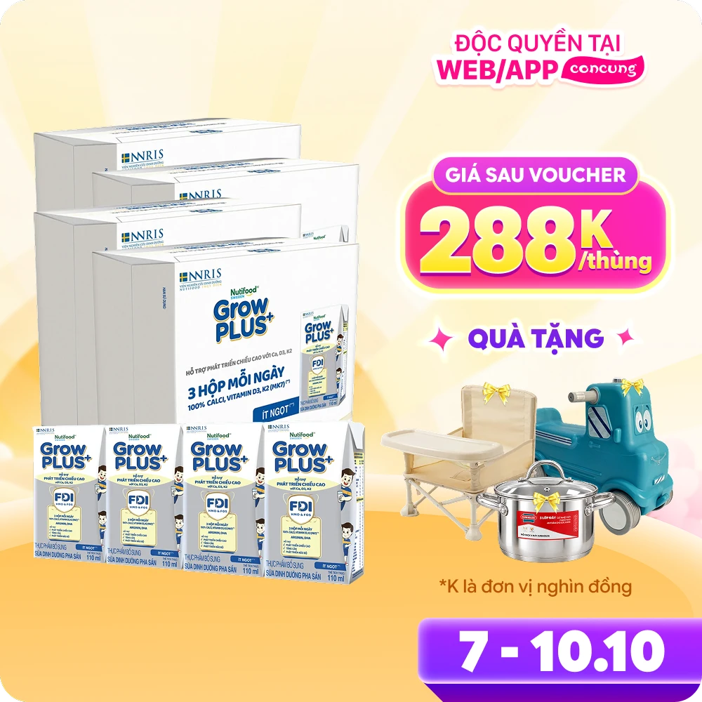 4 Thùng Sữa dinh dưỡng pha sẵn GrowPLUS+ (Bạc) 110ml, lốc 4 hộp (Từ 1 tuổi)
