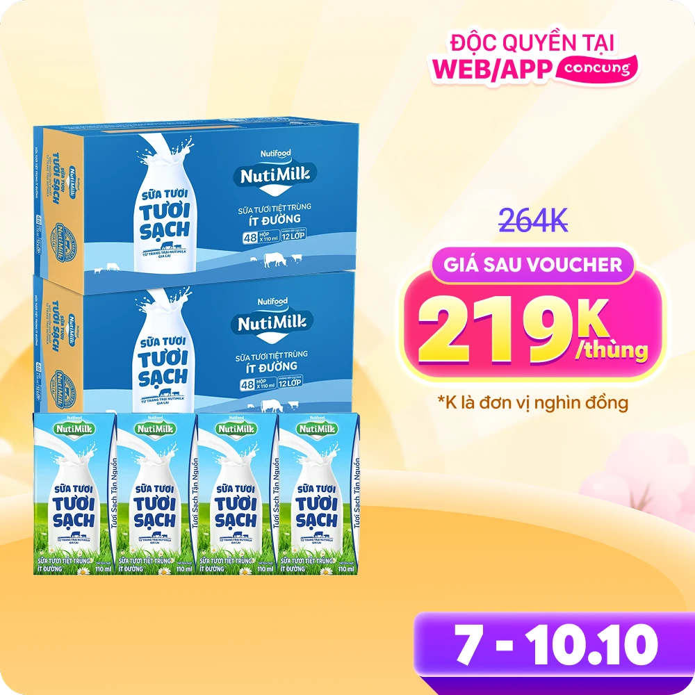 Combo 2 lốc sữa tươi sạch tiệt trùng Nutimilk, ít đường, 110ml (lốc 4 hộp)