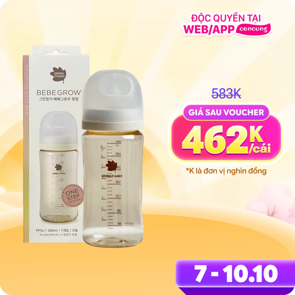 Bình sữa Bebegrow Green Finger PPSU cổ rộng cho bé từ 3 tháng (280ml)