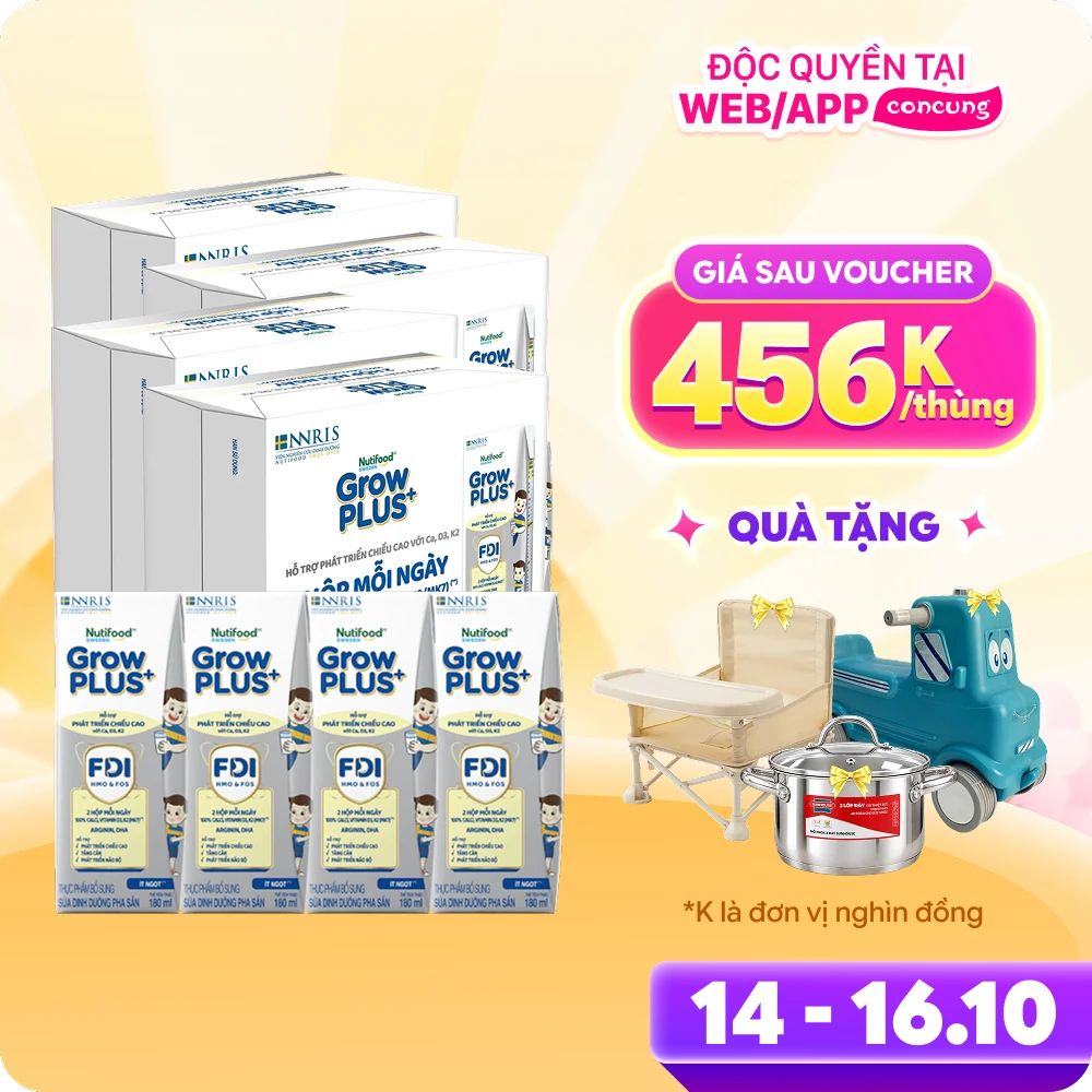 4 Thùng Sữa dinh dưỡng pha sẵn GrowPLUS+ (Bạc) 180ml, lốc 4 hộp (Từ 1 tuổi)
