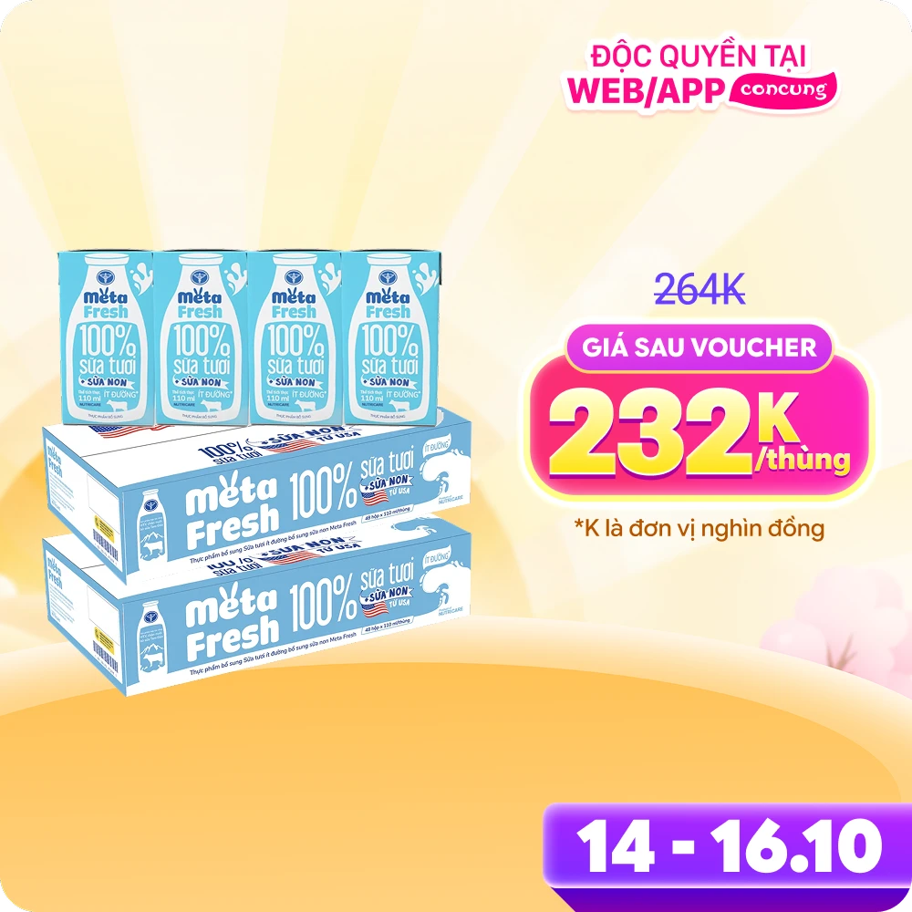 2 Thùng Sữa tươi ít đường bổ sung sữa non Metafresh 110ml, lốc 4 hộp