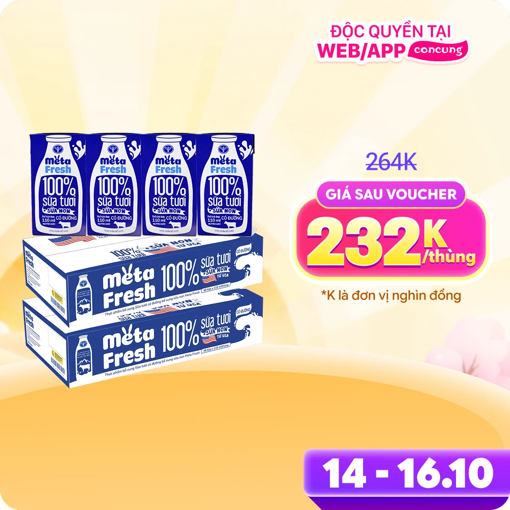 2 Thùng Sữa tươi có đường bổ sung sữa non Metafresh 110ml, lốc 4 hộp