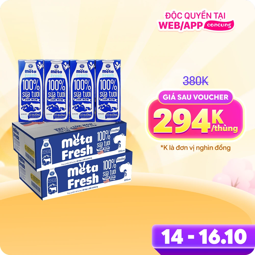 2 Thùng Sữa tươi có đường bổ sung sữa non Metafresh 180ml, lốc 4 hộp