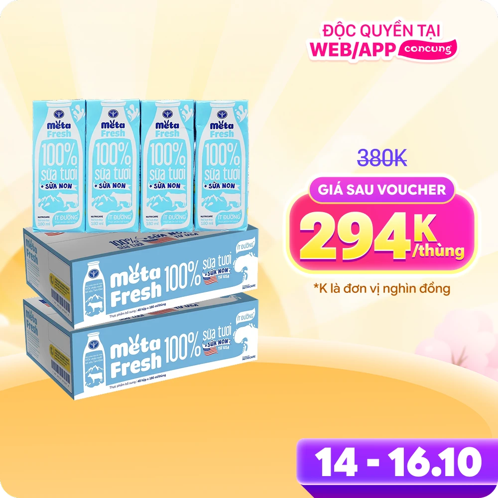 2 Thùng Sữa tươi ít đường bổ sung sữa non Metafresh 180ml, lốc 4 hộp