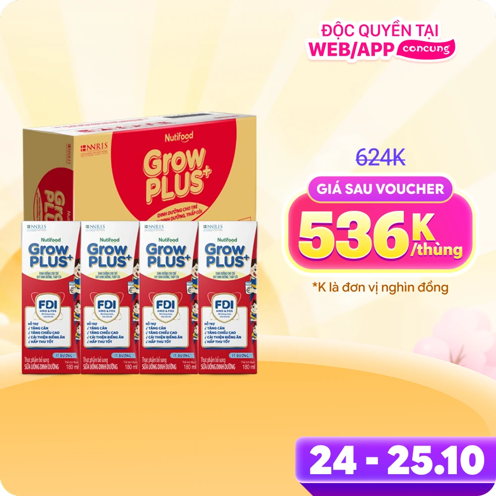 Thùng SPDDPS GrowPLUS 180ml Ít đường (lốc 4 hộp) - 12 lốc