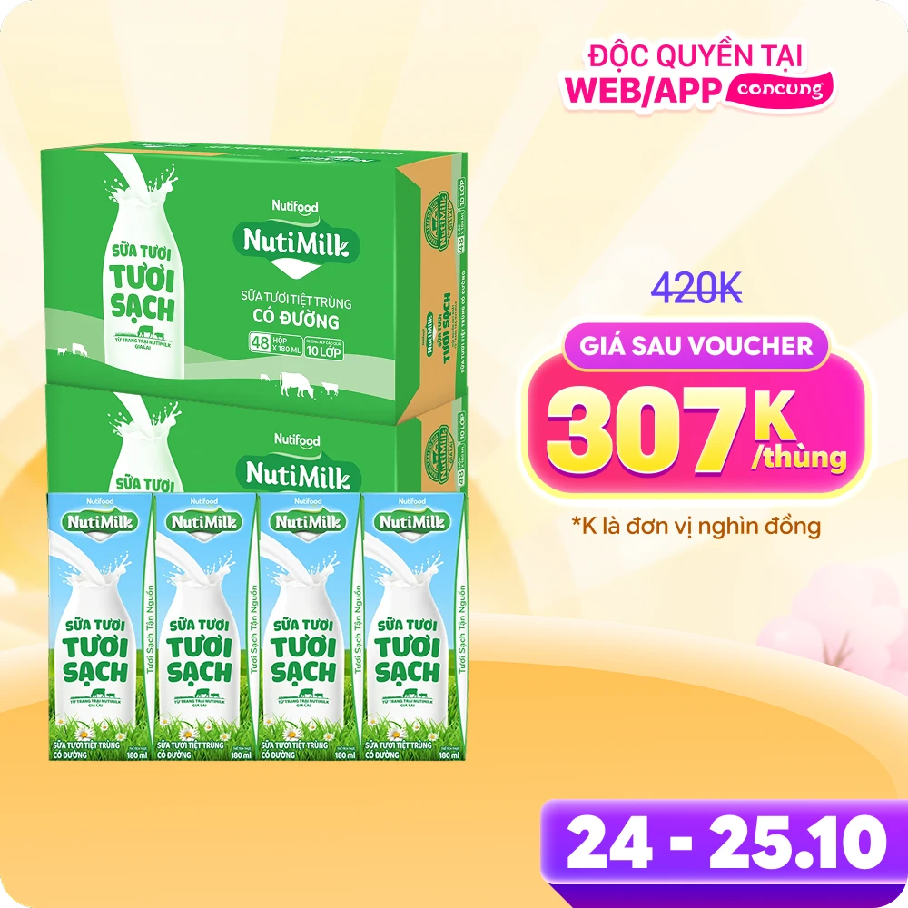 2 Thùng Sữa tươi sạch tiệt trùng Nutimilk, có đường, 180ml (lốc 4 hộp)