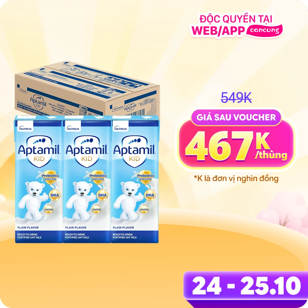 Thùng Sữa dinh dưỡng pha sẵn Aptamil Kid 180ml, lốc 3 hộp (Từ 1 tuổi)