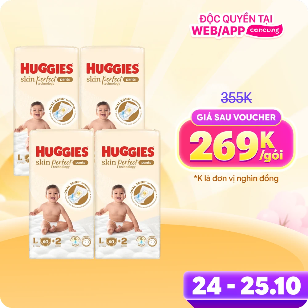 Combo 4 Tã quần Huggies SkinPerfect Pants (L, 9-14kg, 60+2 miếng) (giao bao bì ngẫu nhiên)