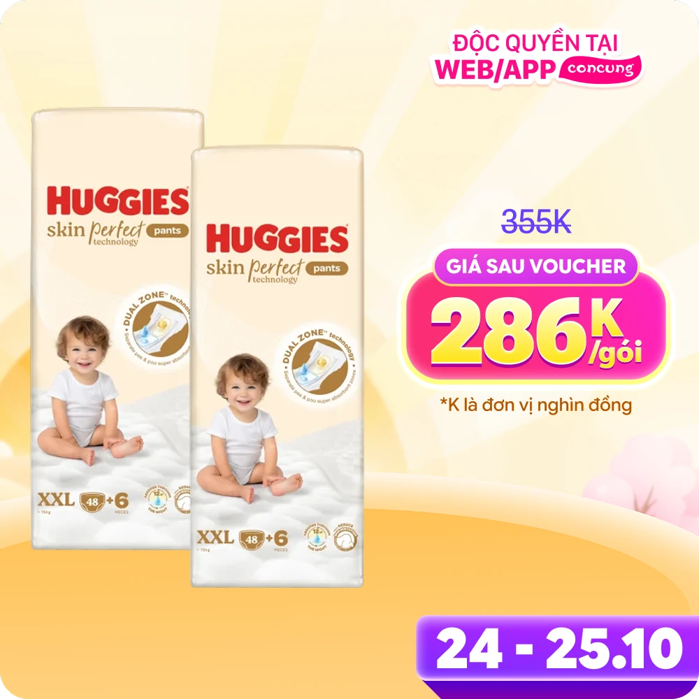 Combo 2 Tã quần Huggies SkinPerfect Pants (XXL, >15kg, 48+6 miếng) (giao bao bì ngẫu nhiên)
