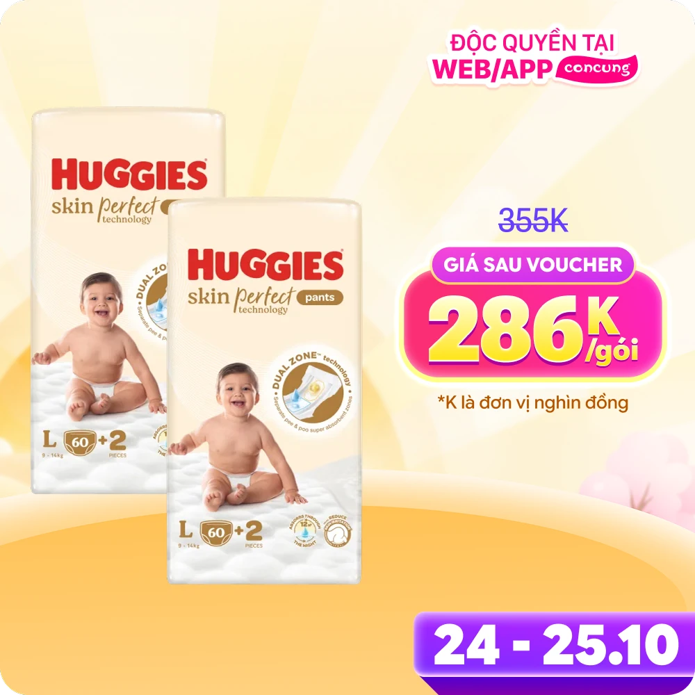 Combo 2 Tã quần Huggies SkinPerfect Pants (L, 9-14kg, 60+2 miếng)