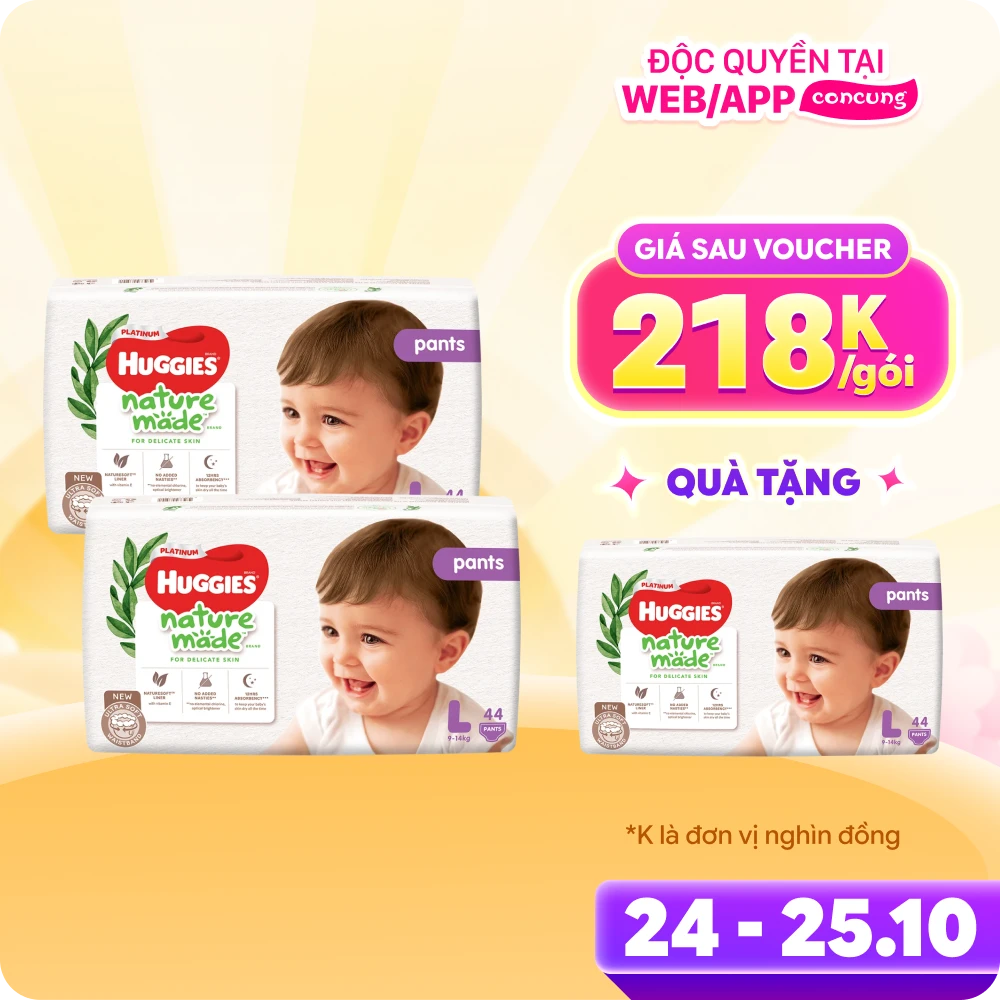 Combo 2 gói Bỉm tã quần Huggies Platinum Nature Made L size 44 miếng (9-14kg)