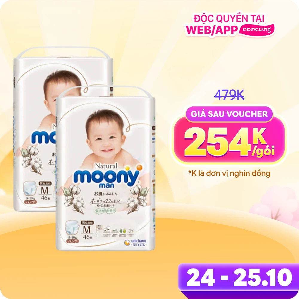 Combo 2 gói Bỉm tã quần Moony Natural size M 46 miếng (5-10kg)