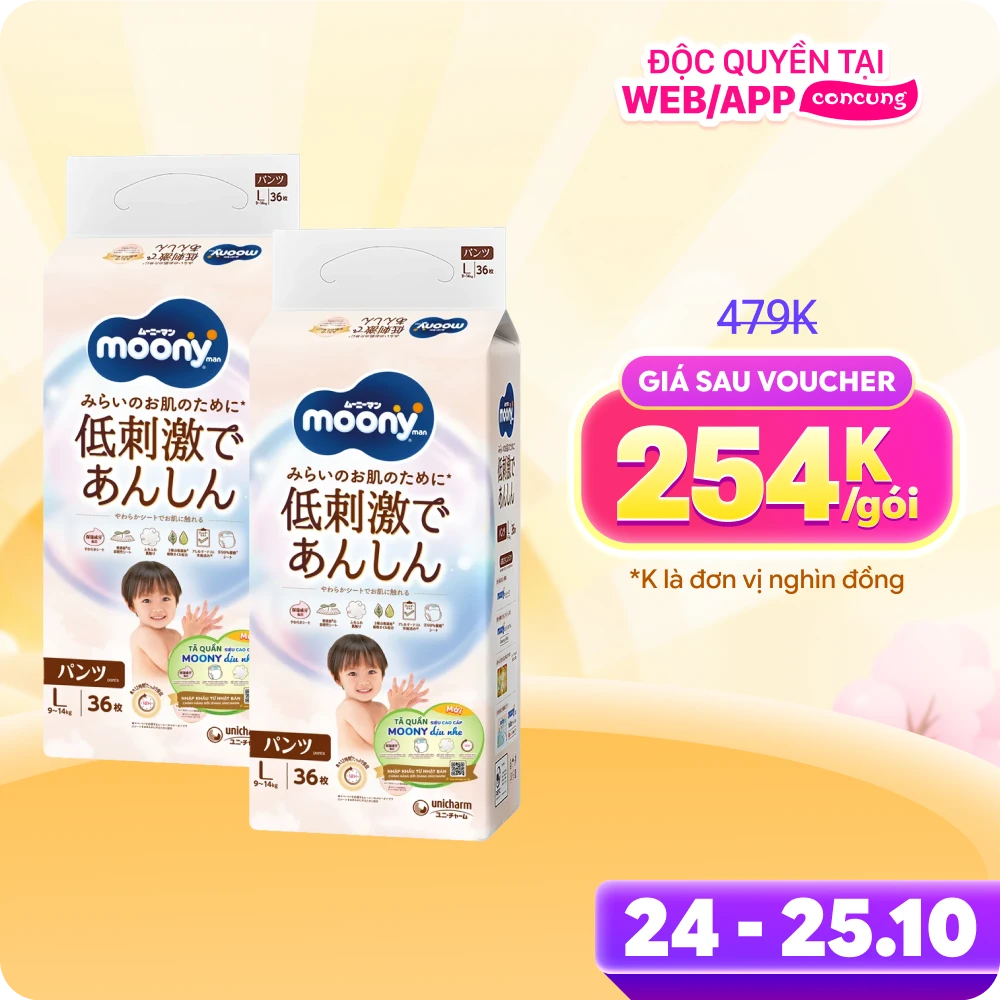 Combo 2 gói Bỉm tã dán Moony Natural size L 38 miếng (9-14kg)