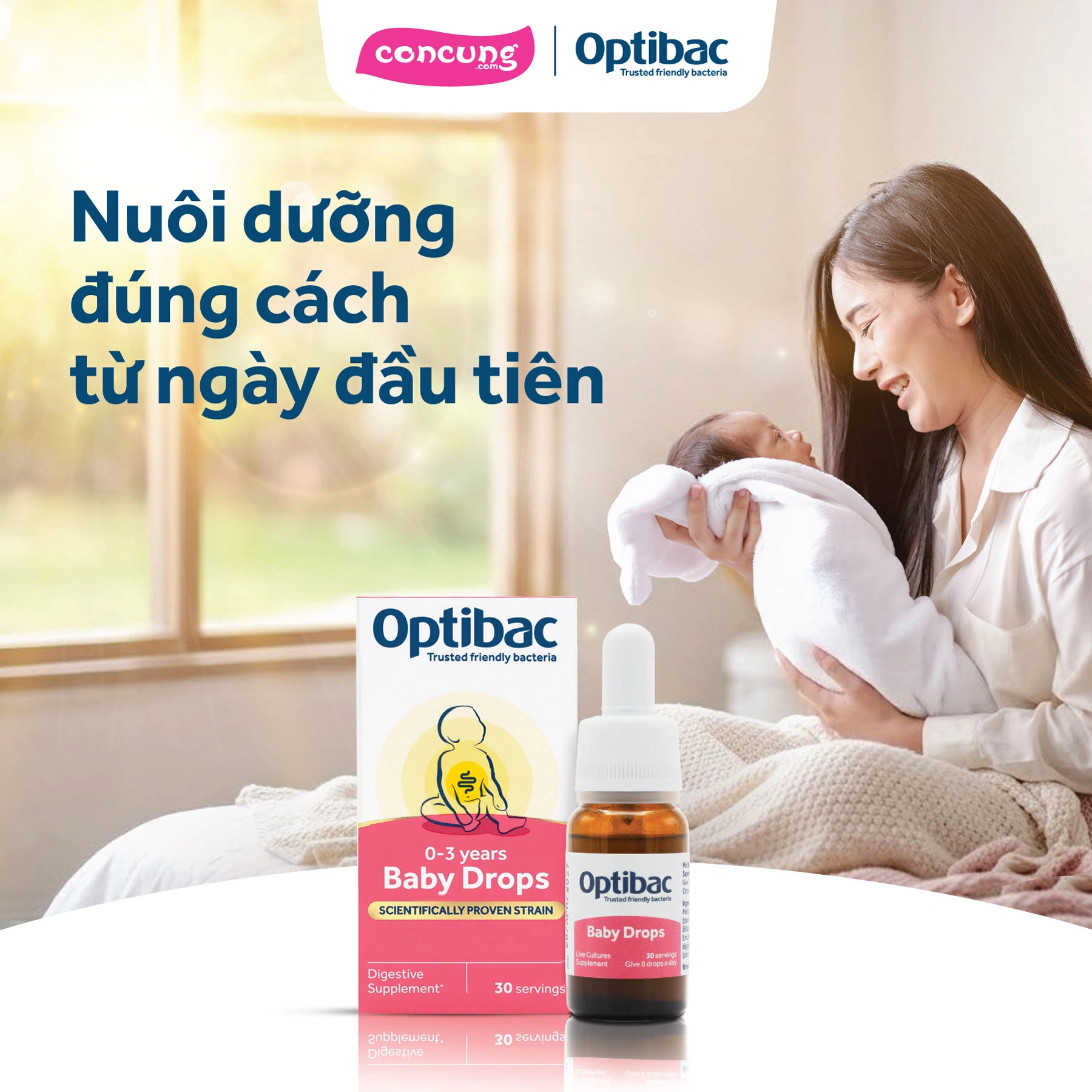 Sử dụng men vi sinh chuy&ecirc;n biệt Optibac chứa chủng B. breve M-16V l&agrave; giải ph&aacute;p lấp đầy trực tiếp "khoảng trống" lợi khuẩn cho trẻ sơ sinh.