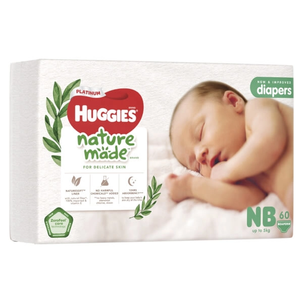 Bỉm tã dán Huggies Platinum Nature Made size Newborn 60 miếng (Ảnh: Con Cưng)