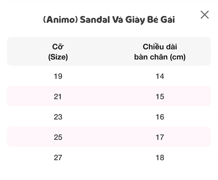 bảng size giày cho bé gái