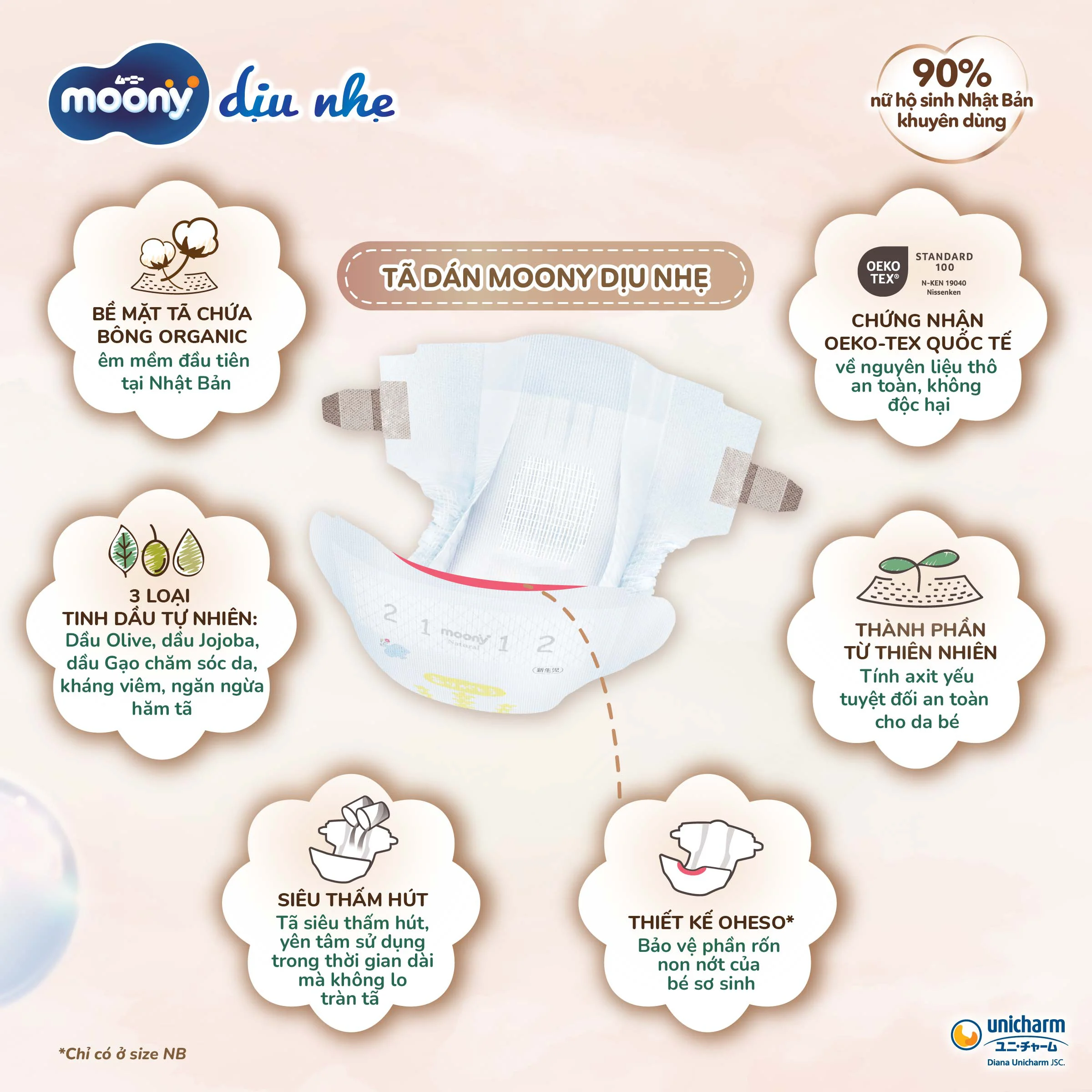 T&atilde; l&oacute;t sơ sinh Moony Natural l&agrave;m từ b&ocirc;ng hữu cơ l&agrave;nh t&iacute;nh, kết hợp tinh dầu dưỡng da.