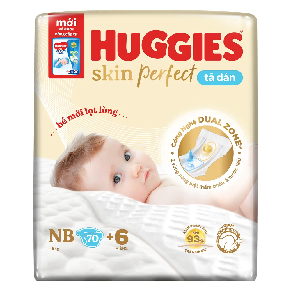 T&atilde; d&aacute;n Huggies Skin Perfect thường được d&ugrave;ng k&egrave;m t&atilde; l&oacute;t sơ sinh, nhằm hạn chế nguy cơ hăm t&atilde; cho con.