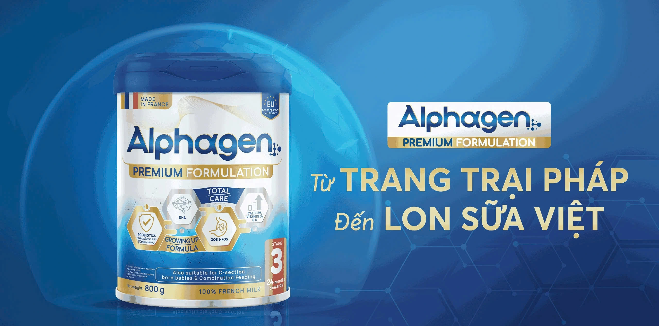 Sữa Ph&aacute;p Alphagen mang đến đạm tự nhi&ecirc;n mềm tan, thơm b&eacute;o.
