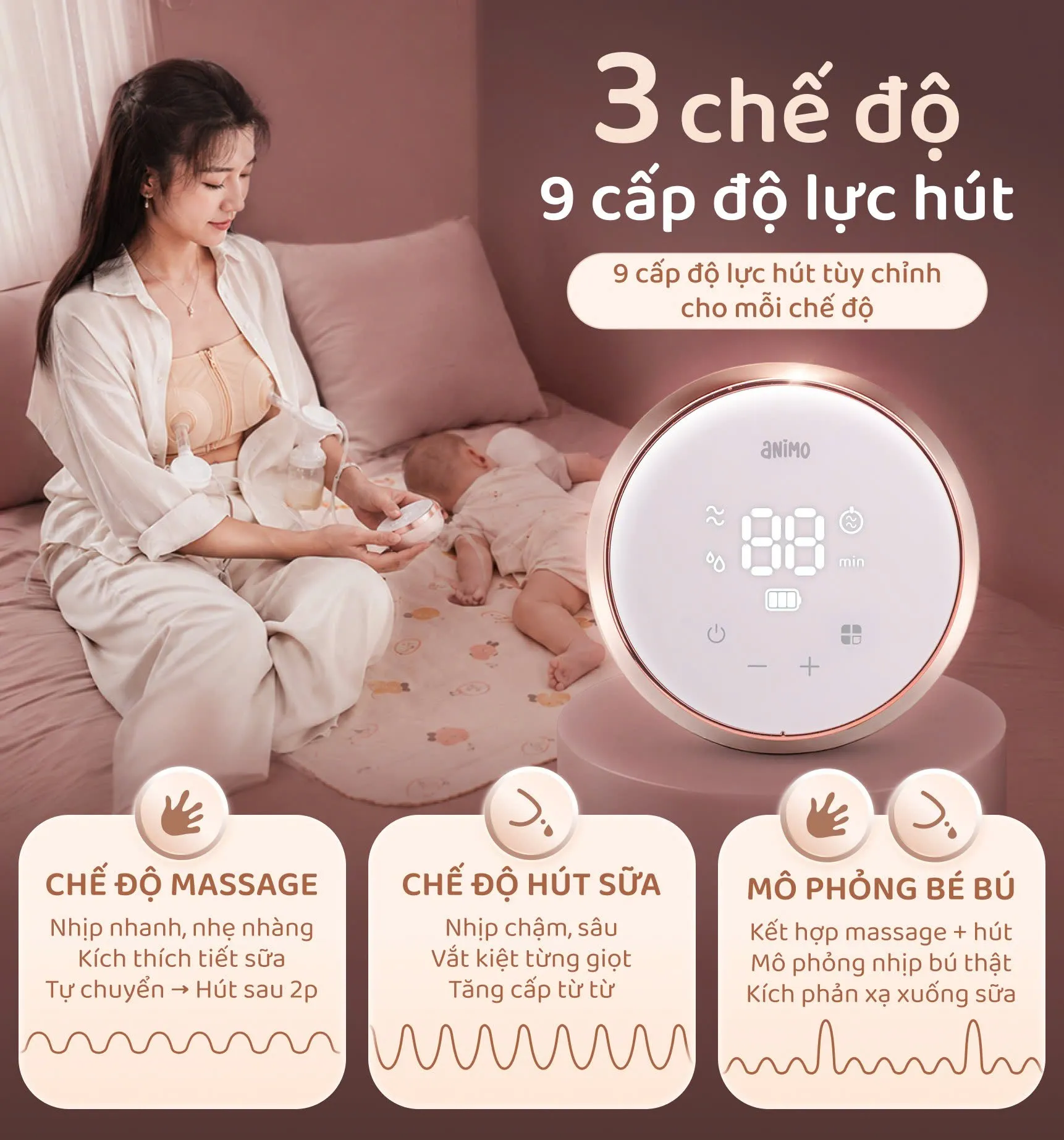 M&aacute;y h&uacute;t sữa điện đ&ocirc;i Animo Maxflow Lite t&iacute;ch hợp chức năng m&ocirc; phỏng b&eacute; b&uacute;, gi&uacute;p mẹ xuống sữa hiệu quả m&agrave; kh&ocirc;ng g&acirc;y đau r&aacute;t.