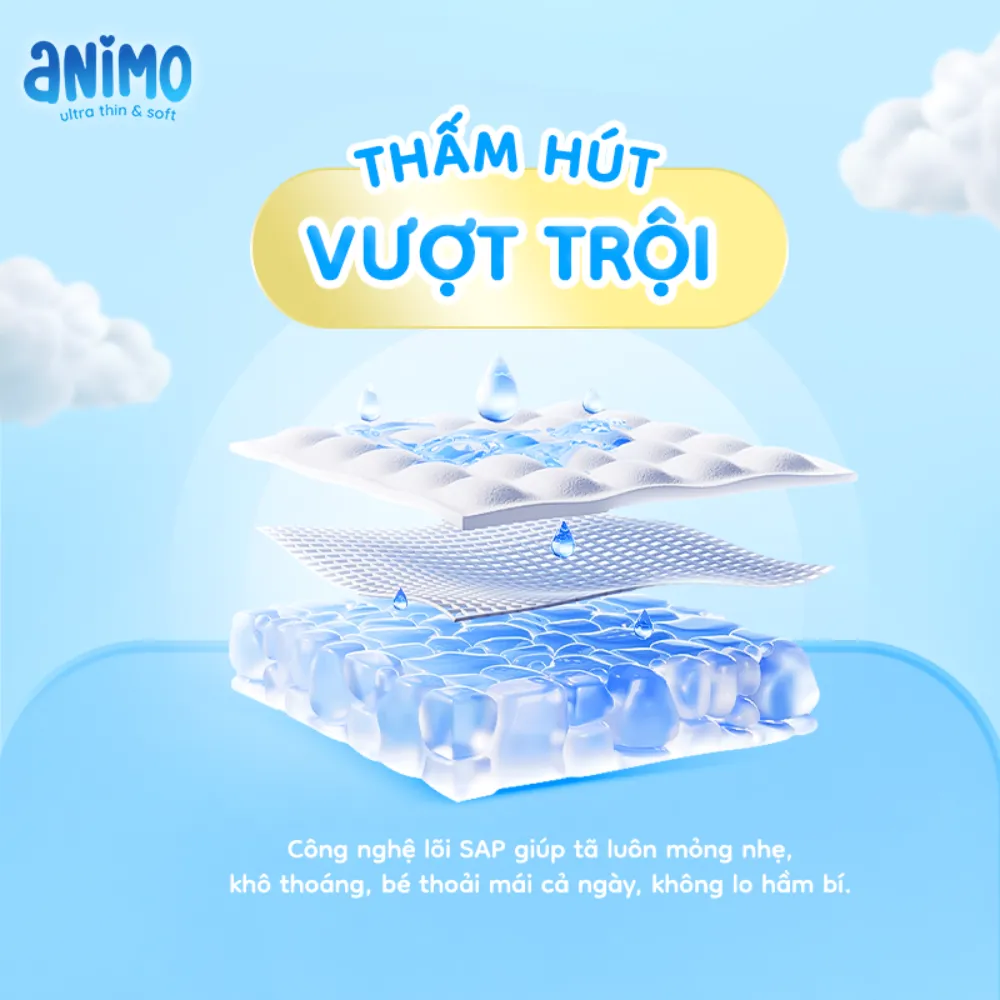 Bỉm Animo si&ecirc;u mỏng 2mm nhưng vẫn đảm bảo thấm h&uacute;t tốt.